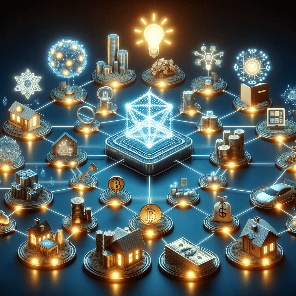 Illustration of Blockchain interconnected with tangible and intangible assets